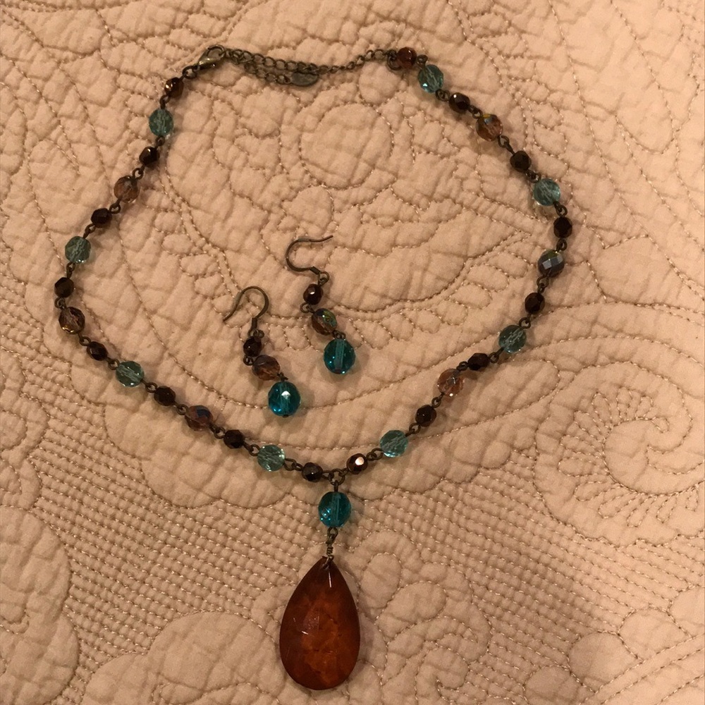 Brown & Blue Chain Beaded Necklace/Earrings Set